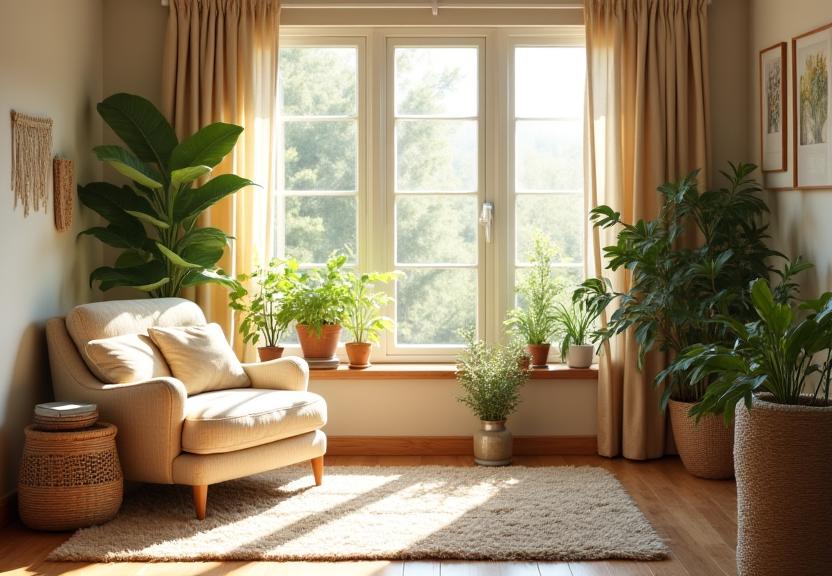 A comfortable, sunlit room with natural plants and warm, inviting decor, symbolizing warmth and well-being.