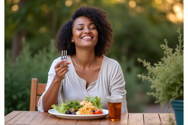 Woman enjoying a mindful meal outdoors, illustrating mindful eating.