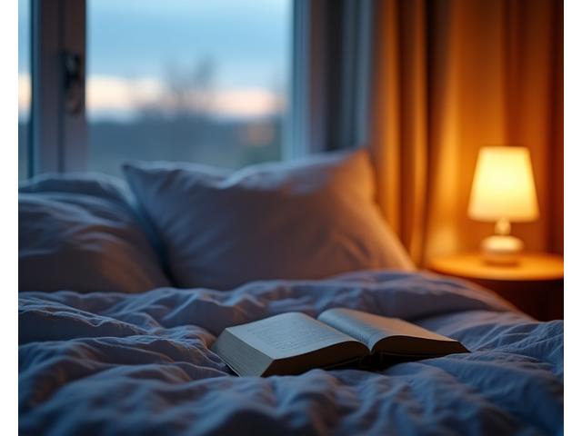 A cozy, serene bedroom with soft lighting, emphasizing good sleep.