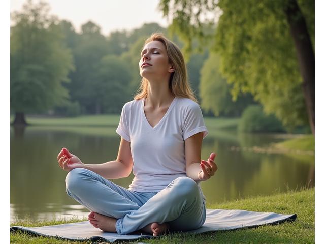 A person practicing yoga or meditation in a peaceful outdoor setting.