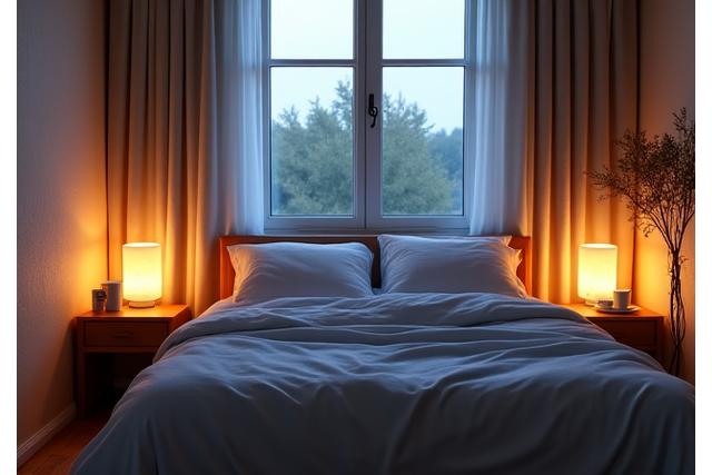 Peaceful bedroom scene with soft lighting, illustrating good sleep hygiene.