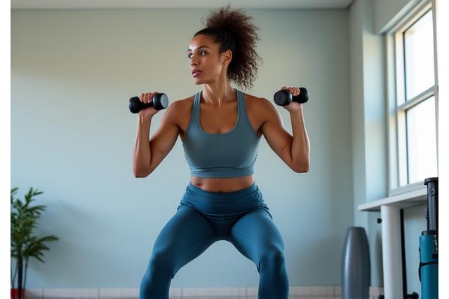 Mature adult engaged in light strength training with weights, depicting fitness for aging.