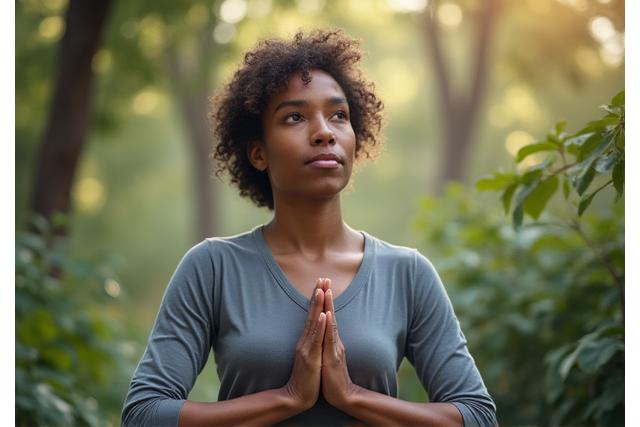 Person meditating in a calm, natural setting, symbolizing stress reduction.