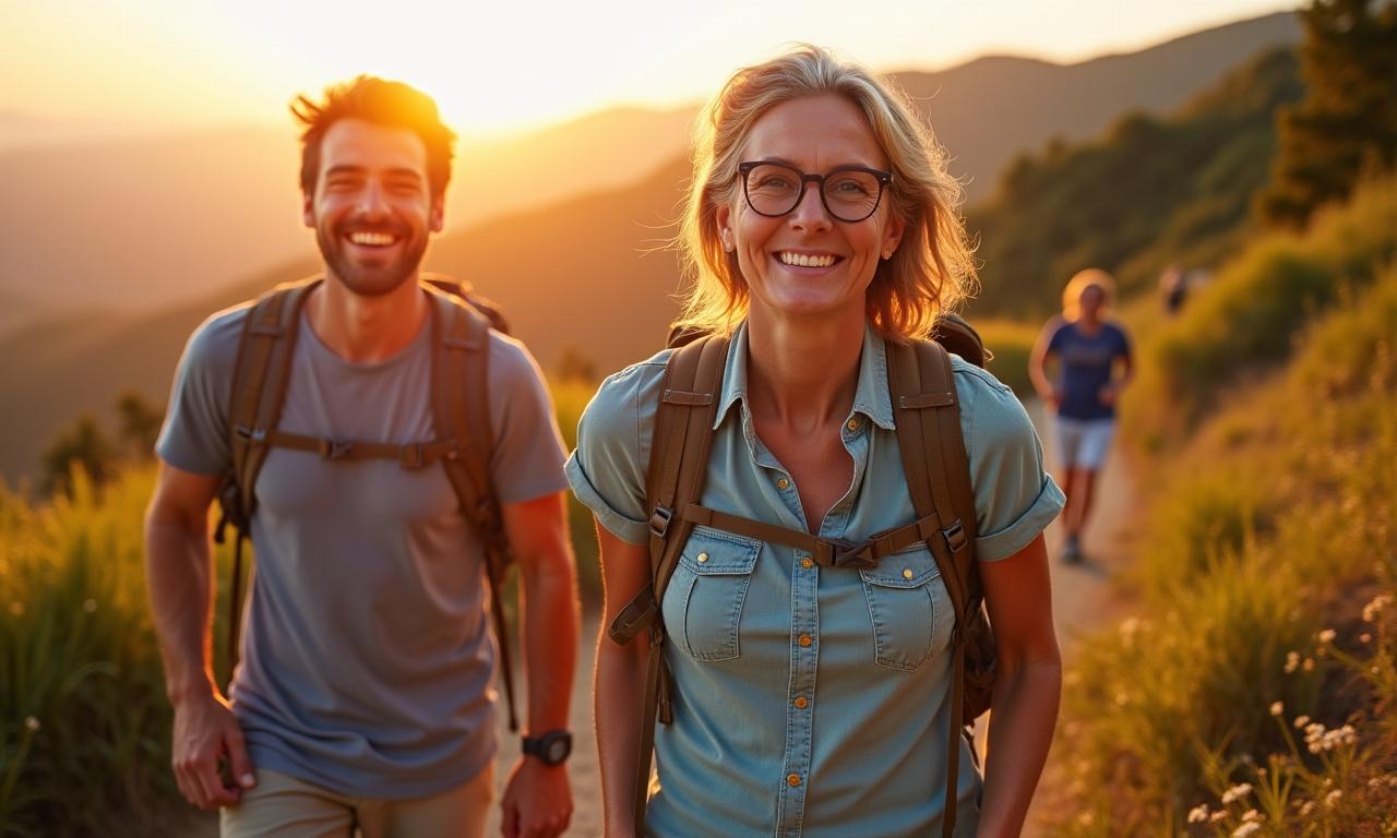 A happy couple aged 40-60 enjoying a scenic hike, symbolizing vibrant health and well-being.