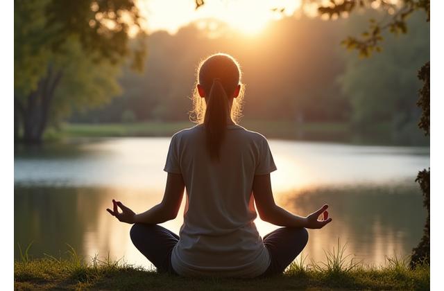 Person meditating peacefully in a tranquil natural setting, symbolizing mental clarity and peace.