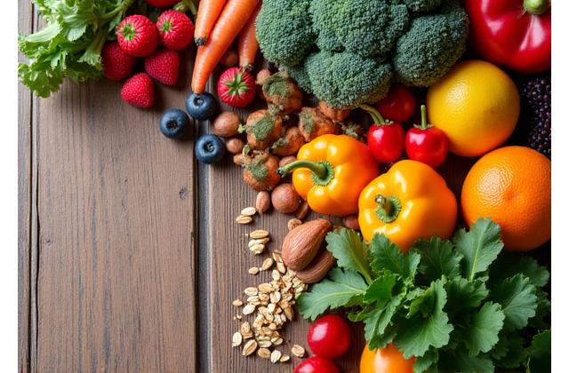 Vibrant, fresh whole foods like fruits, vegetables, and grains artistically arranged on a wooden table.