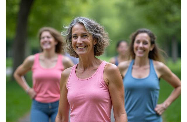 Diverse group of adults (35+) actively engaged in a gentle outdoor exercise session, illustrating proactive health.